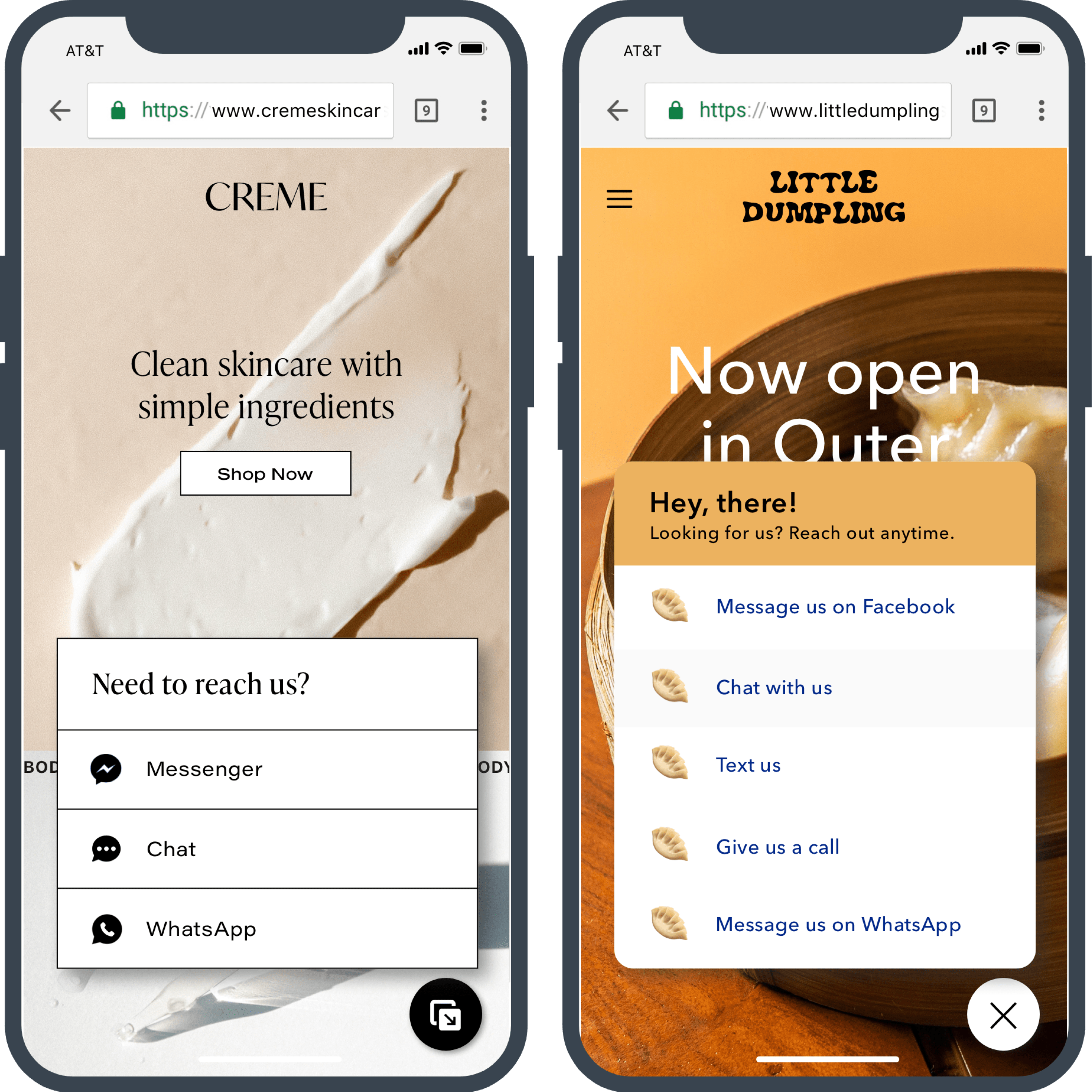 Two mobile phones side by side with websites on each showing a menu of options for contacting the brand.