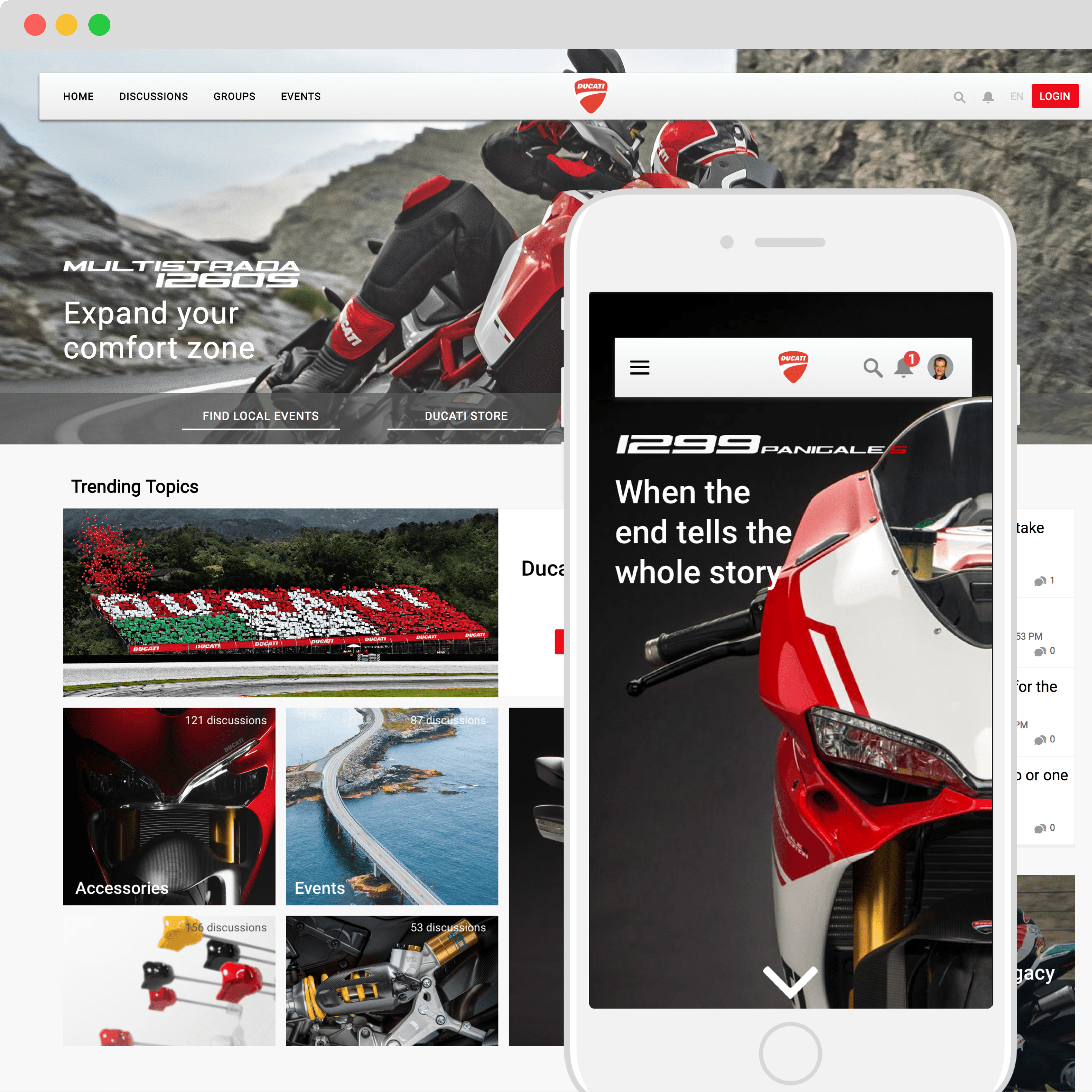 Ducati forum website where customers can have discussions, next to a mobile phone with the Ducati customer portal app open.