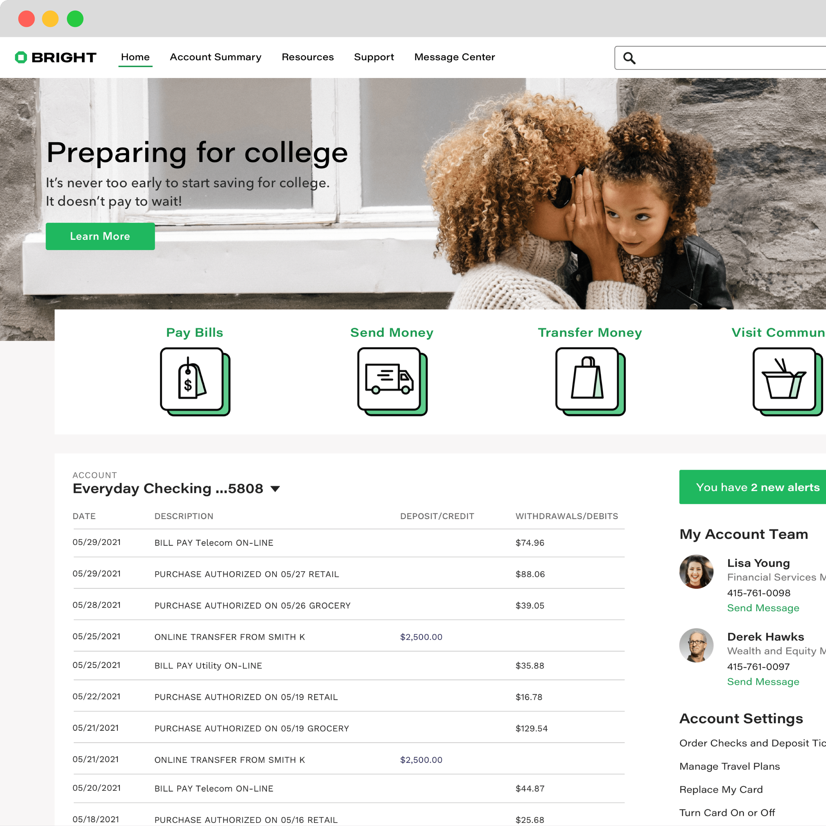 An example of a banking portal where the customer is logged in viewing their account summary.